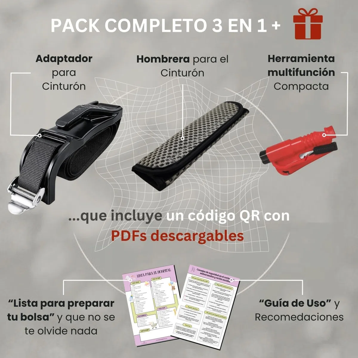 Adaptador de Cinturón Embarazada Coche Homologado | Accesorio Seguro con Hebilla Metálica | Incluye Hombrera Acolchada + Herramienta Multifunción + QR con Guías | Regalo Ideal para Premamás