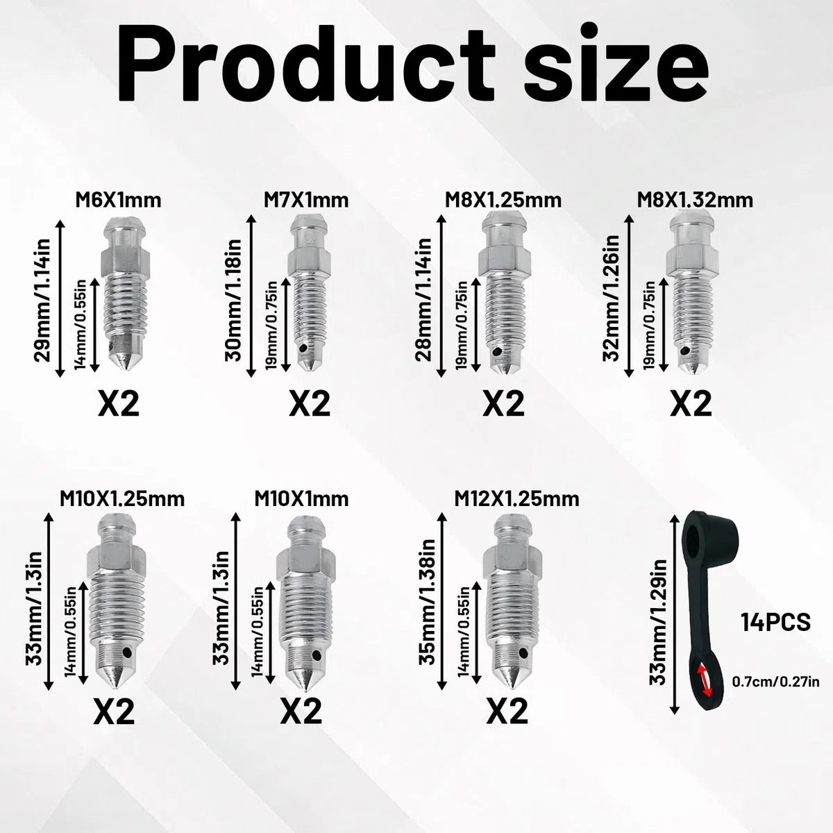 Accesorios para Frenos: 14 Tornillos de Purga con Tapones, M6, M7, M8, M10, M12, para Motocicletas y Bicicletas, 33 mm de Largo, con Tapones de protección para Frenos