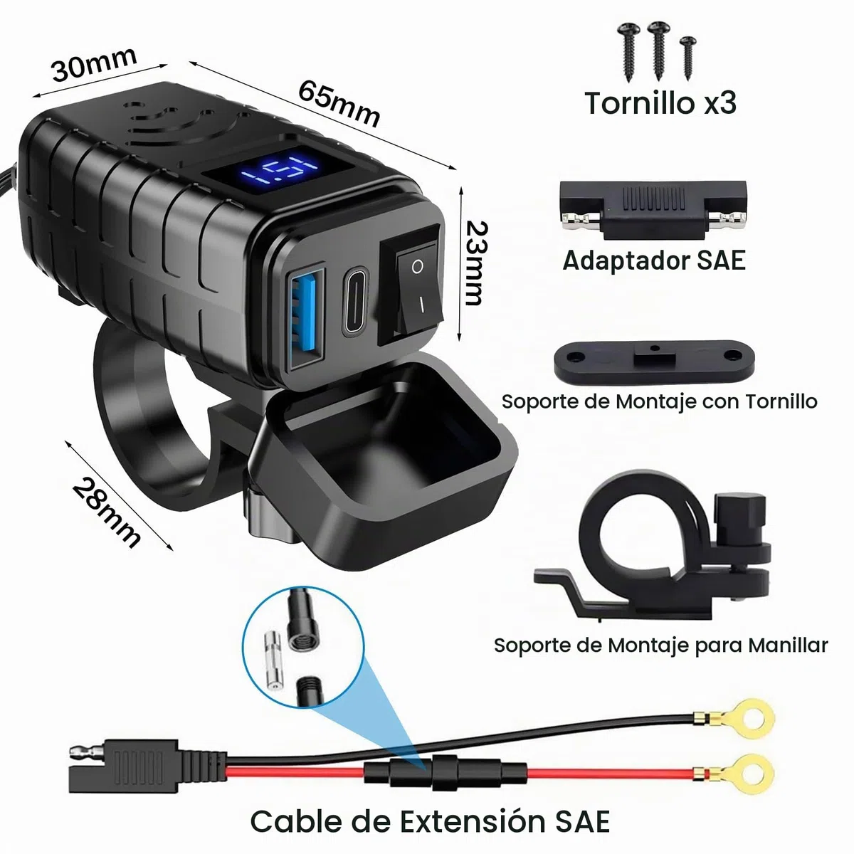 Idota - Enchufe USB impermeable para moto con interruptor de encendido/apagado y cable de carga rápida tipo C Multi USB para moto y autocaravanas