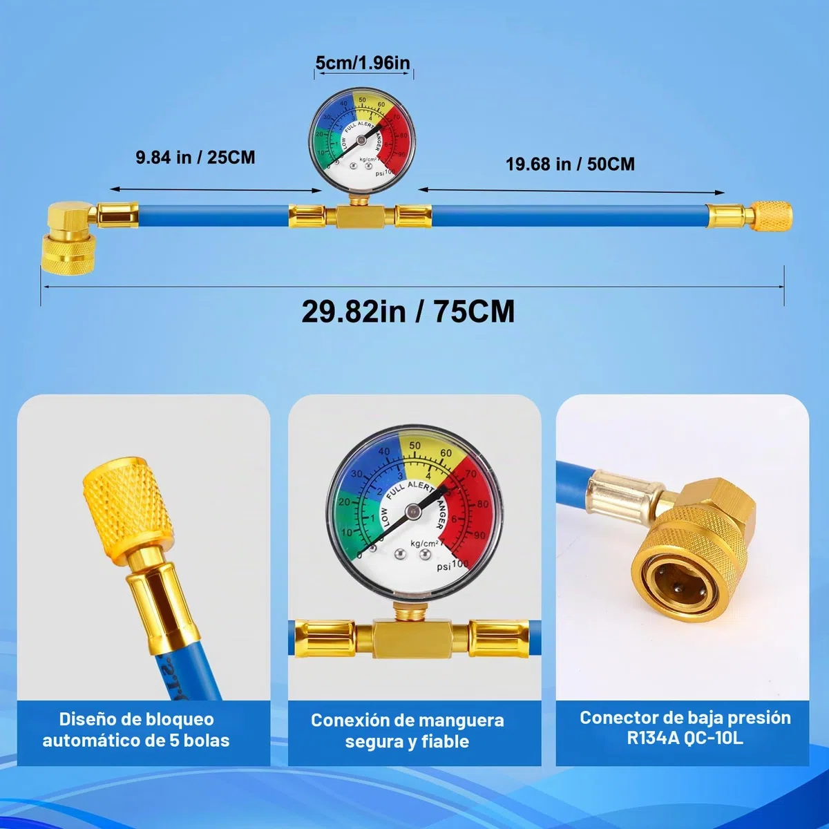 R134A Manguera de carga para aire acondicionado de coche, 80 cm, de goma extendida, con manómetro y llave de rosca ACME 1/2, kit de recarga de gas R134A (80 cm para R134A)