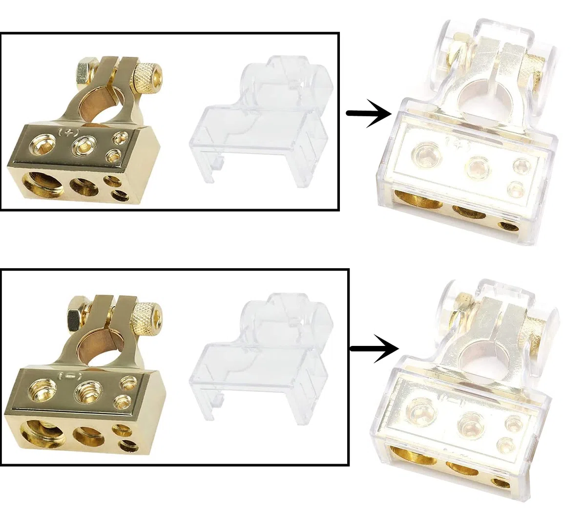 HUAZIZ 2PCS Terminales de Bateria de Coche 2/4/8/10 AWG Conectores de Batería Abrazadera de Terminal Positivo Negativo +/- con Cubierta Protectora Transparente, Oro