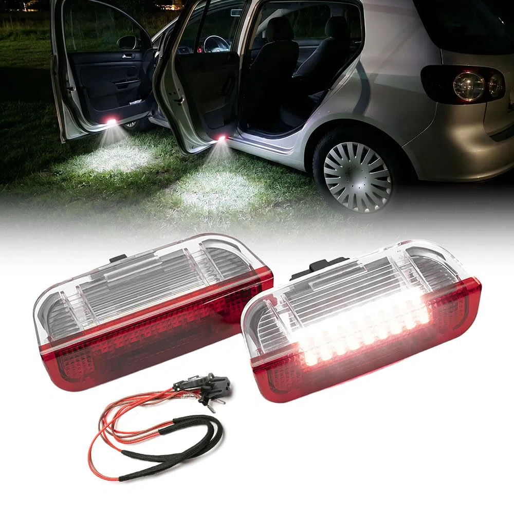 Luces LED Blancas/Rojas para Umbral de Puerta VW Golf MK5 MK6 T-iguan P-assat B6 B7 EOS S-haran J-etta Superb, Luz de Cortesía con Aviso Trasero, CAN-Bus, Arnés Incluido, 2 Unidades