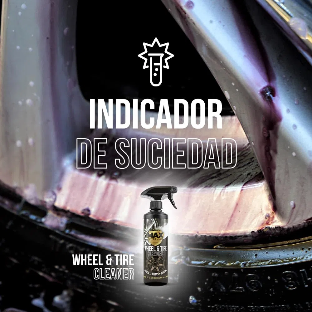 MAX DETAIL-LAB - Wheel & Tire - Limpia Llantas Coche Sin Ácido, Iron Cleaner Descontaminante Ferrico, Triple Acción Sin Frotar, Desengrasante Abrillantador, Kit Limpieza Detailing Profesional 500ml
