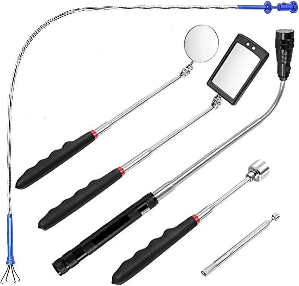 6 Pcs Herramientas de Recogedor Magnético, 1.5/4/20lb Herramientas de Recogida Magnética y Espejo de Inspección Cuadradas/Redondas, con LED Luminoso y Mango Telescópico Rotación de 360°