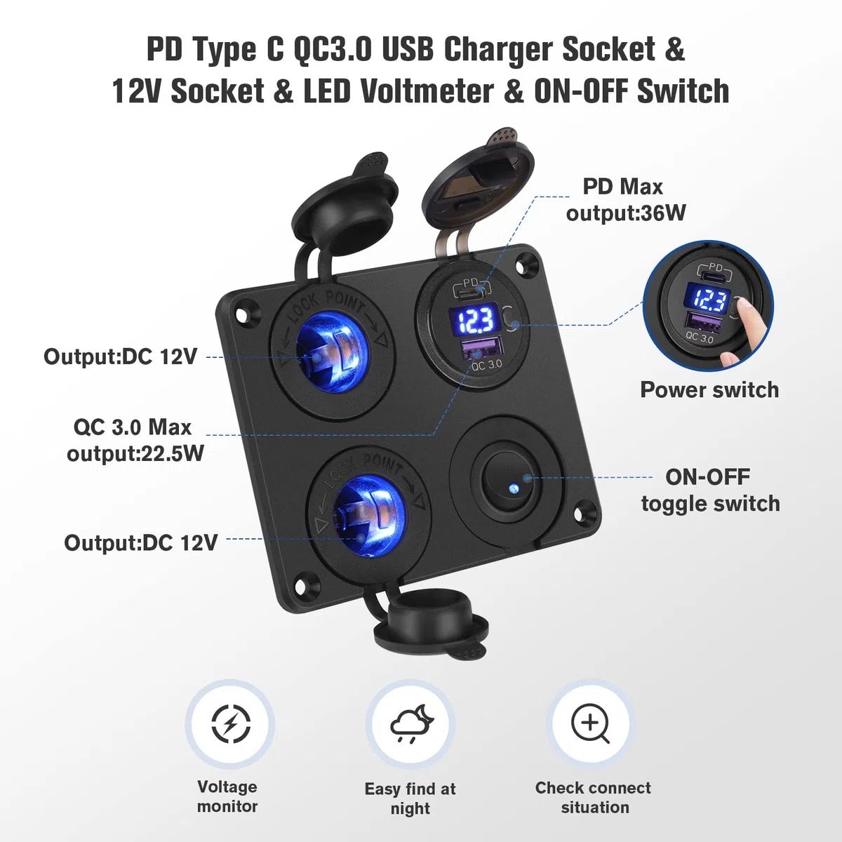 Thlevel 4 en 1 Panel de Enchufes Toma USB Coche Tipo C y QC3.0 con Encendedor de Cigarrillos Voltímetro LED y Azul Interruptor para Coches Motos Vehículos Recreativos Camiones Barcos