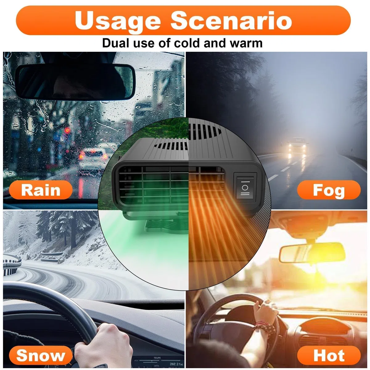 Calefactor Coche 12V 2 en 1 Calentador y Ventilador Portátil con Soporte Giratorio 360°, Desempañador y Descongelador Rápido para Parabrisas, Adecuado para Coche SUV Camión 120w