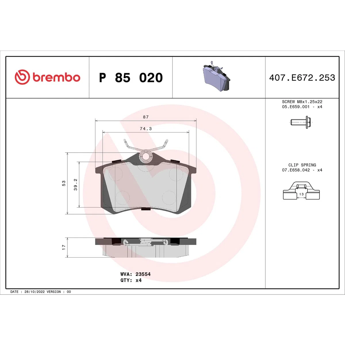 BREMBO 448P85020 Pastillas Freno, Set de 4