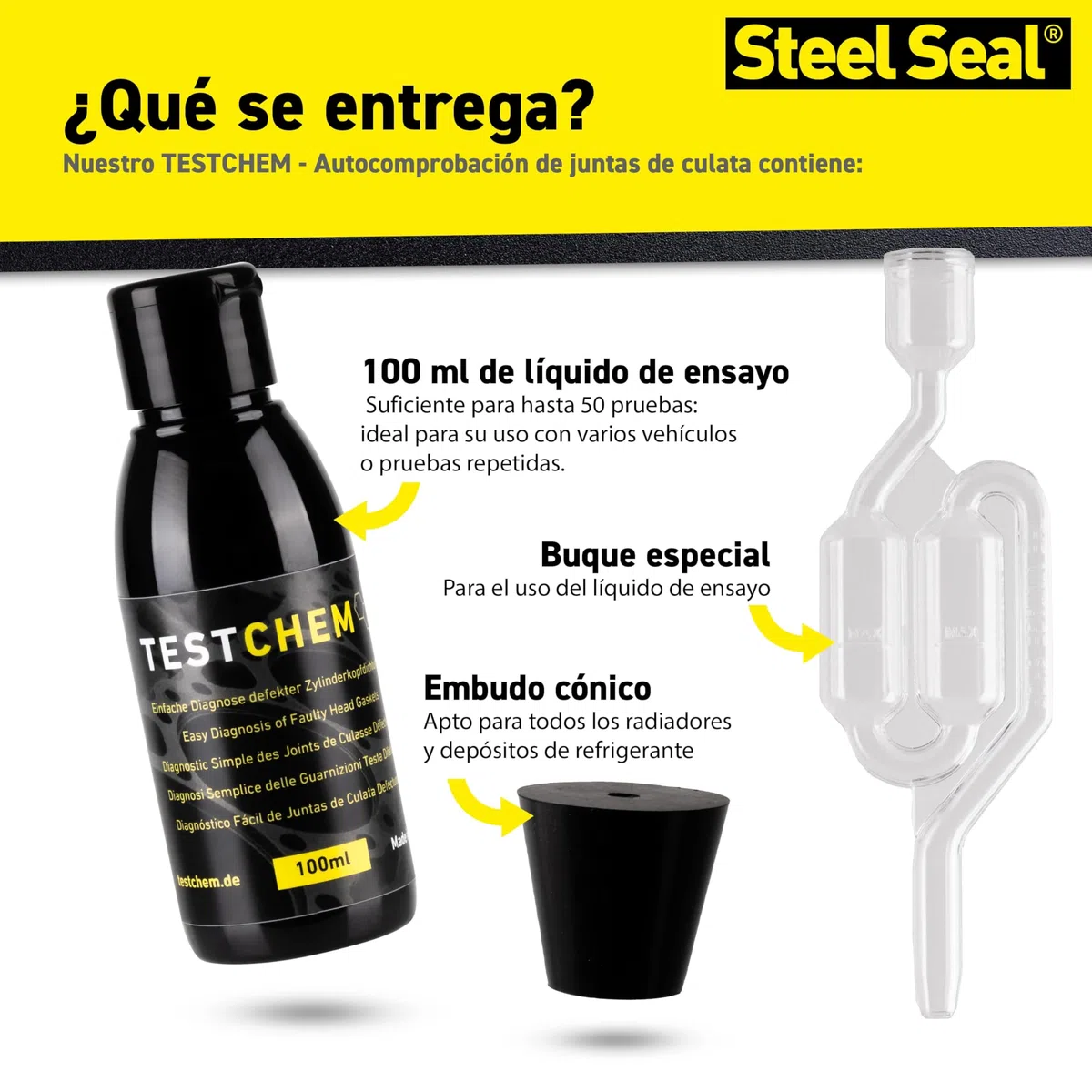 STEEL SEAL TESTCHEM Probador de junta de culata CO2 agua de refrigeración 100 ml – Prueba de gases de escape del sistema de refrigeración para automóviles – Kit de prueba para verificación de junta de