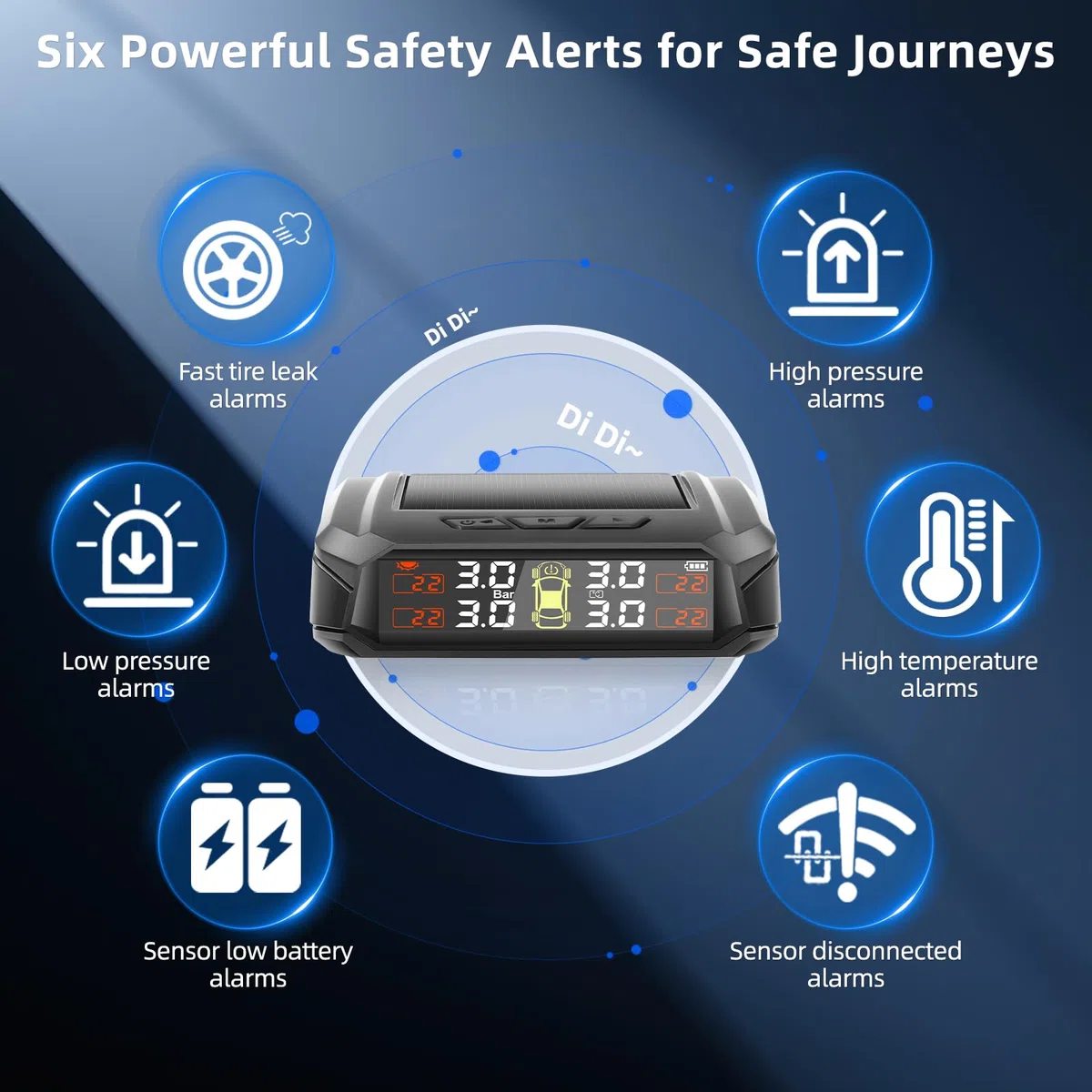 KAOLALI Sistema de control de presión de neumáticos TPMS inalámbrico, 4 ruedas, 3,5 bar/50 PSI Max, carga solar y magnética, para camiones, caravanas, autobuses