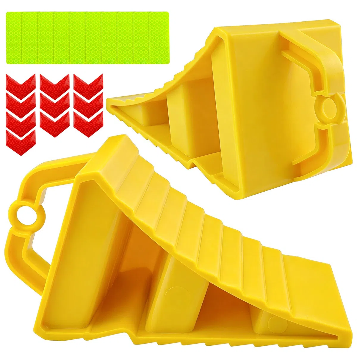 Cuñas de rueda, 2 piezas de cuñas de freno con mango, cuña de rueda para camiones, coches, cuña de rueda para coches, remolques, caravanas, autocaravanas, con 20 pegatinas reflectantes