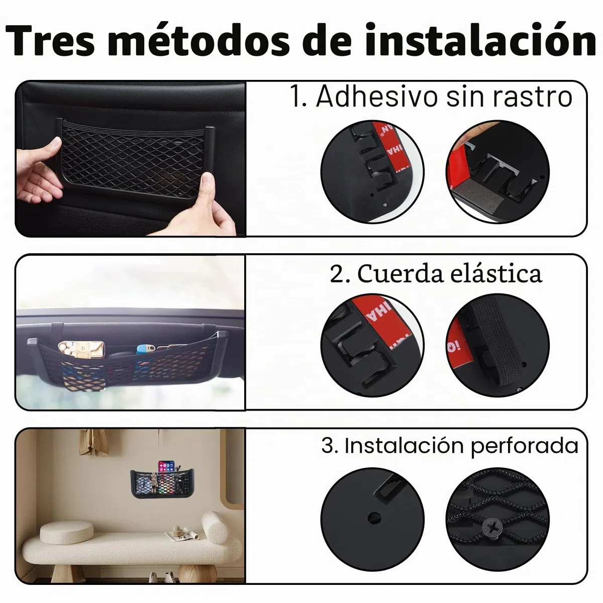 Rejilla de Coche 3 en 1, Red de Almacenamiento, Fijación con Correa Elástica, Compartimento para Pegar o Atornillar