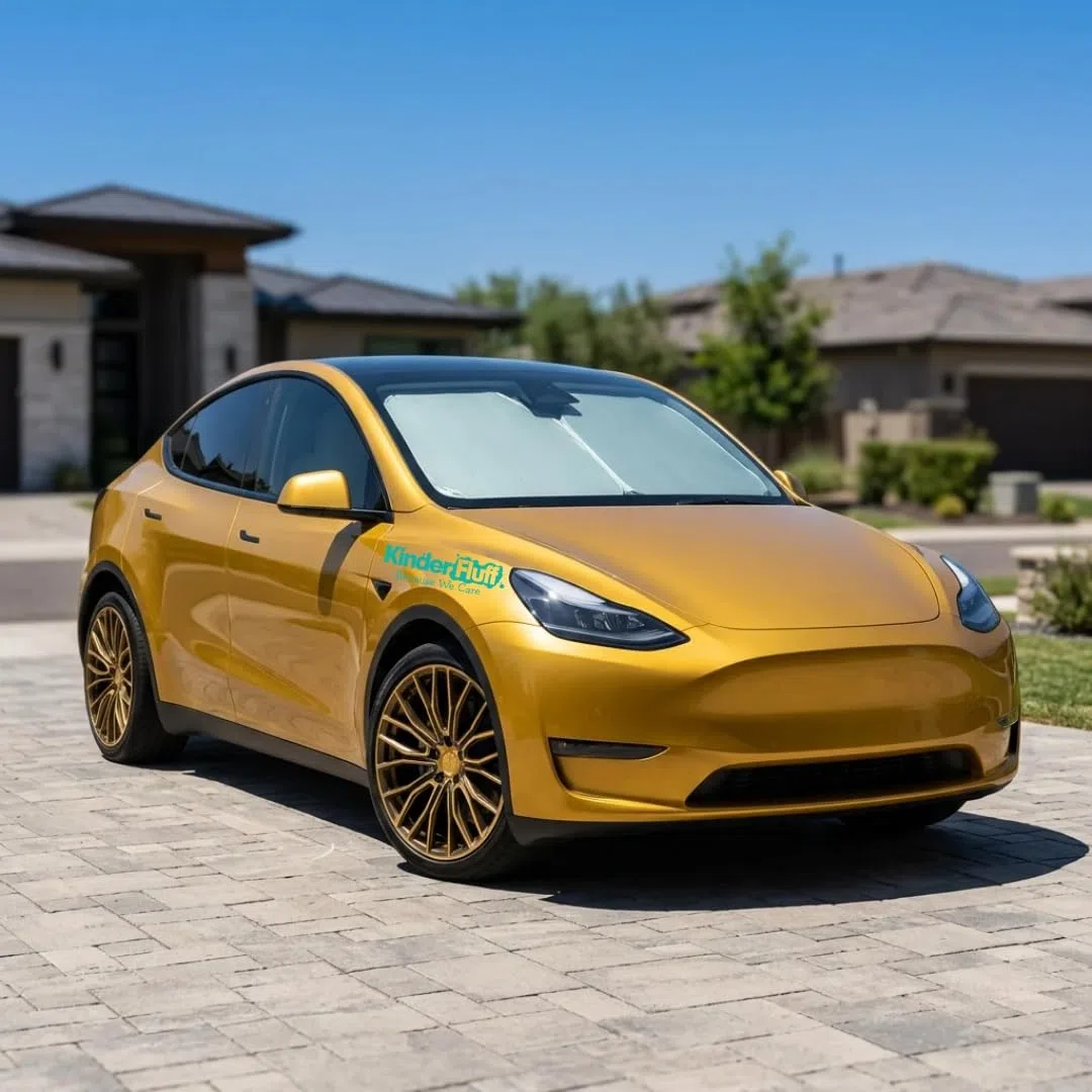 Parasol para Parabrisas Patentado Kinder Fluff para Tesla Model 3/Y | Parasol Coche Protección Solar 99% UVR | Interior Fresco | Visera Plegable | Accesorios Auto Verano | Protector Solar 142x95 cm