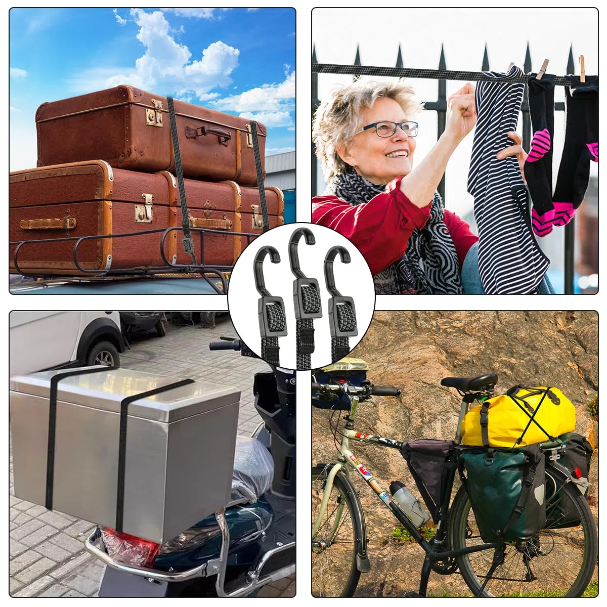Cuerdas elásticas con Ganchos,Tensores de Equipaje Ajustables,Correas Elasticas Planas de Goma,Pulpos Elásticos Transporte,Cinchas de Amarre para Baca Coches,Toldos, Moto, Maleteros, Camping