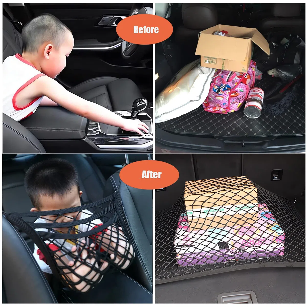 Red Maletero de Coche, Incluir 1 Almacenamiento Red se Extiende hasta 150x120CM y 1 con 3 Capas de Almacenamiento para Asiento de Coche 29 x 27 CM, 4 Mosquetones, Organizador Malla