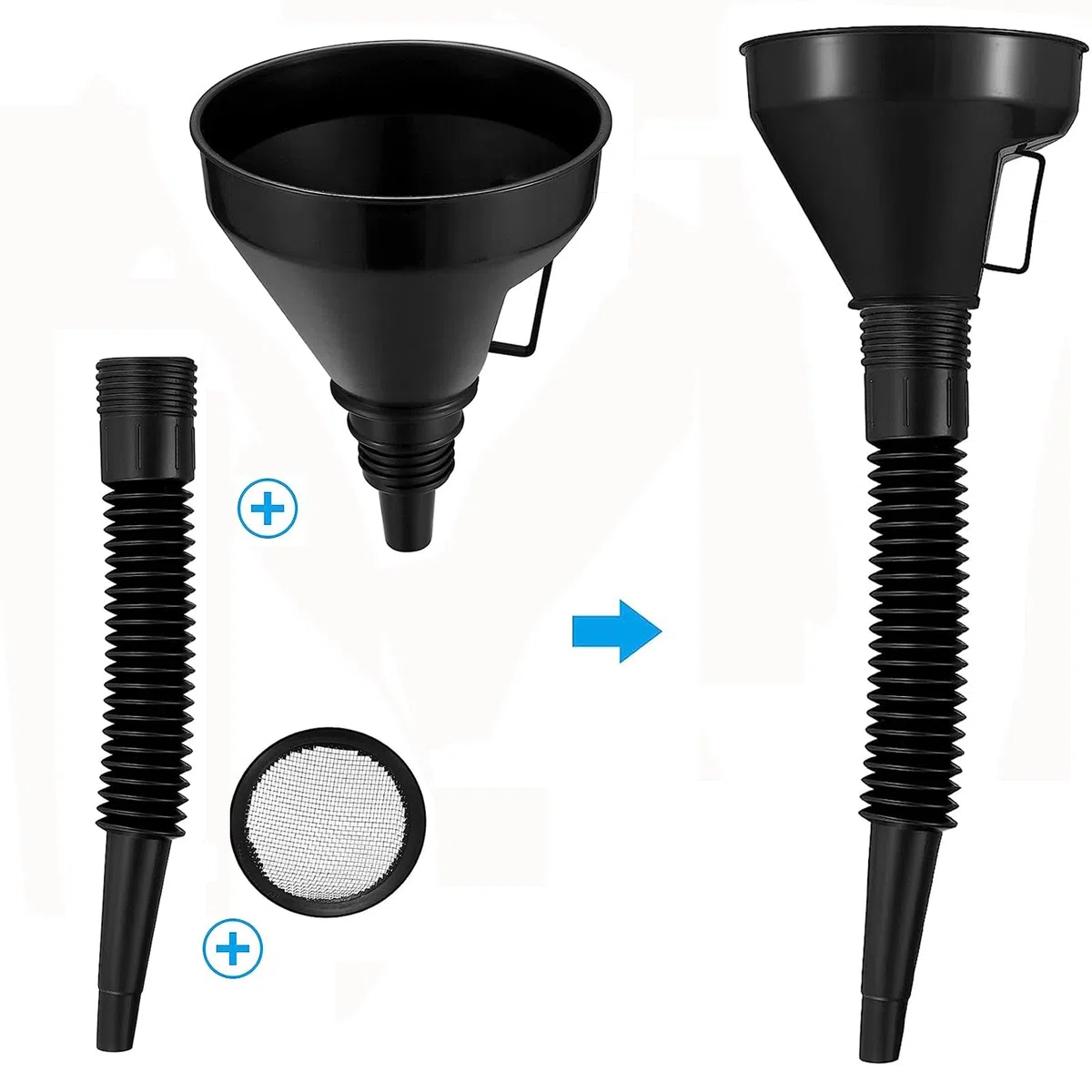 Juego de Embudo Gasolina Plastico 9 Piezas Universal Embudo de llenado de Combustible con Filtro Plástico Flexible Angulo Recto para Moto Coche Hogar y Taller