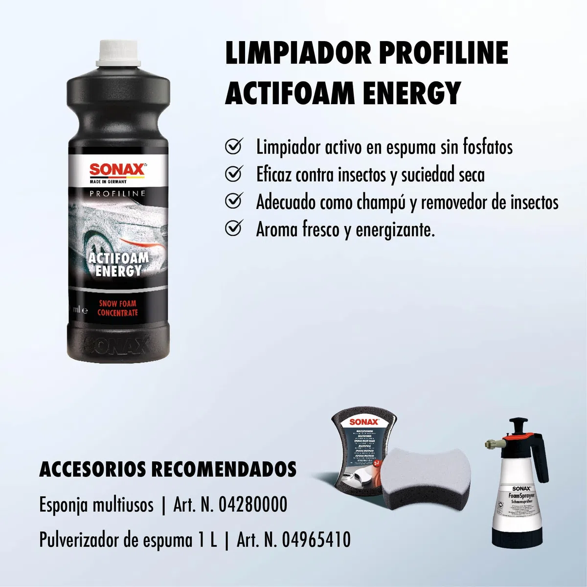 SONAX PROFILINE Actifoam Energy (1 L) disolvente de suciedad con espuma "SnowFoam" para el lavado de coche con pulverizador de espuma | N.° 06183000