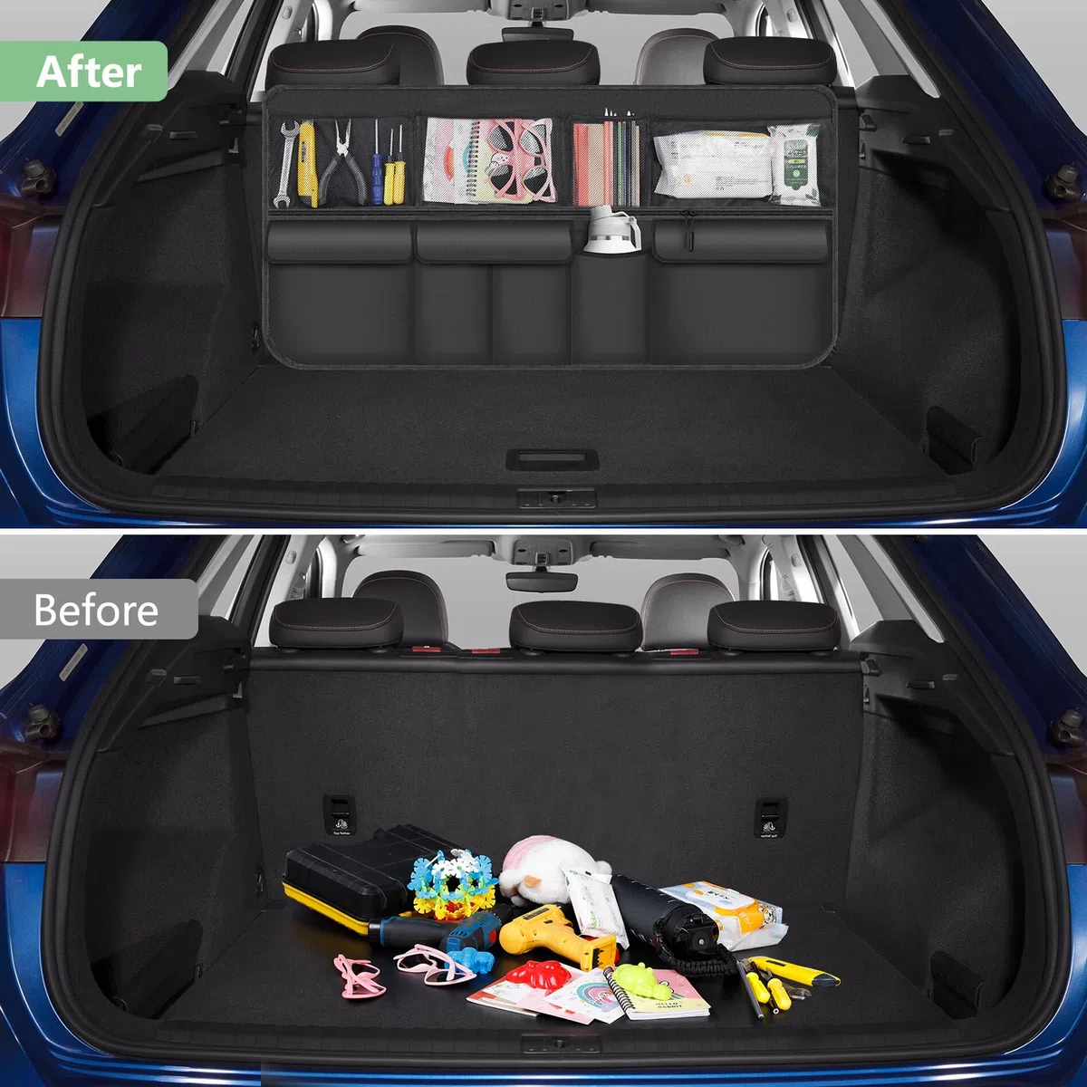 Romon Organizador de Maletero - Organizador de Maletero con Adhesivo de Doble Cara para Arañazos, Plegable, Impermeable, Resistente a la Suciedad con 9 bolsillos, 105x51 Cm, para SUV, Negro