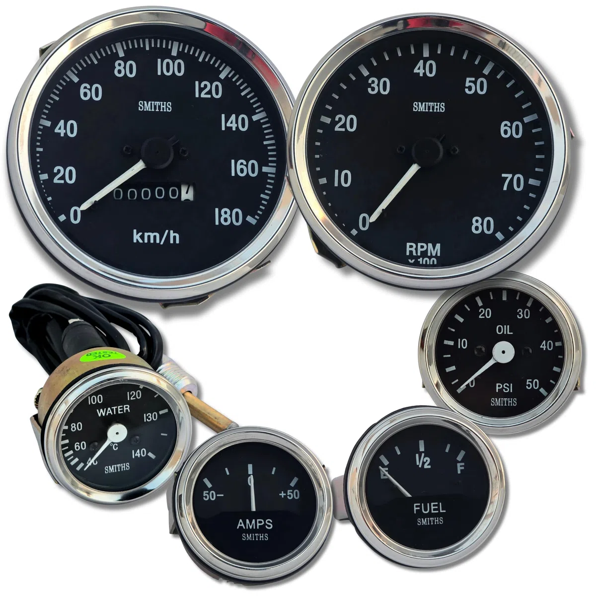 Smiths - Kit de calibre 6 - Velocímetro de 100 mm (KMPH) + tacómetro, temperatura eléctrica, presión de aceite 50 PSI, amperio, combustible - esfera negra, bisel cromado - Juego de medidores clásicos