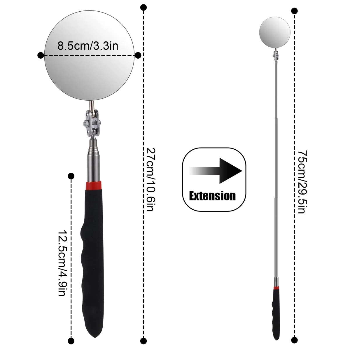 Espejo de Inspección Telescópico, Circular Espejo Telescópico con Mango Extendido Espejos de Inspección de Máquina Herramienta para Comprobar el Estado del Vehículo (Mango de 26~75cm)
