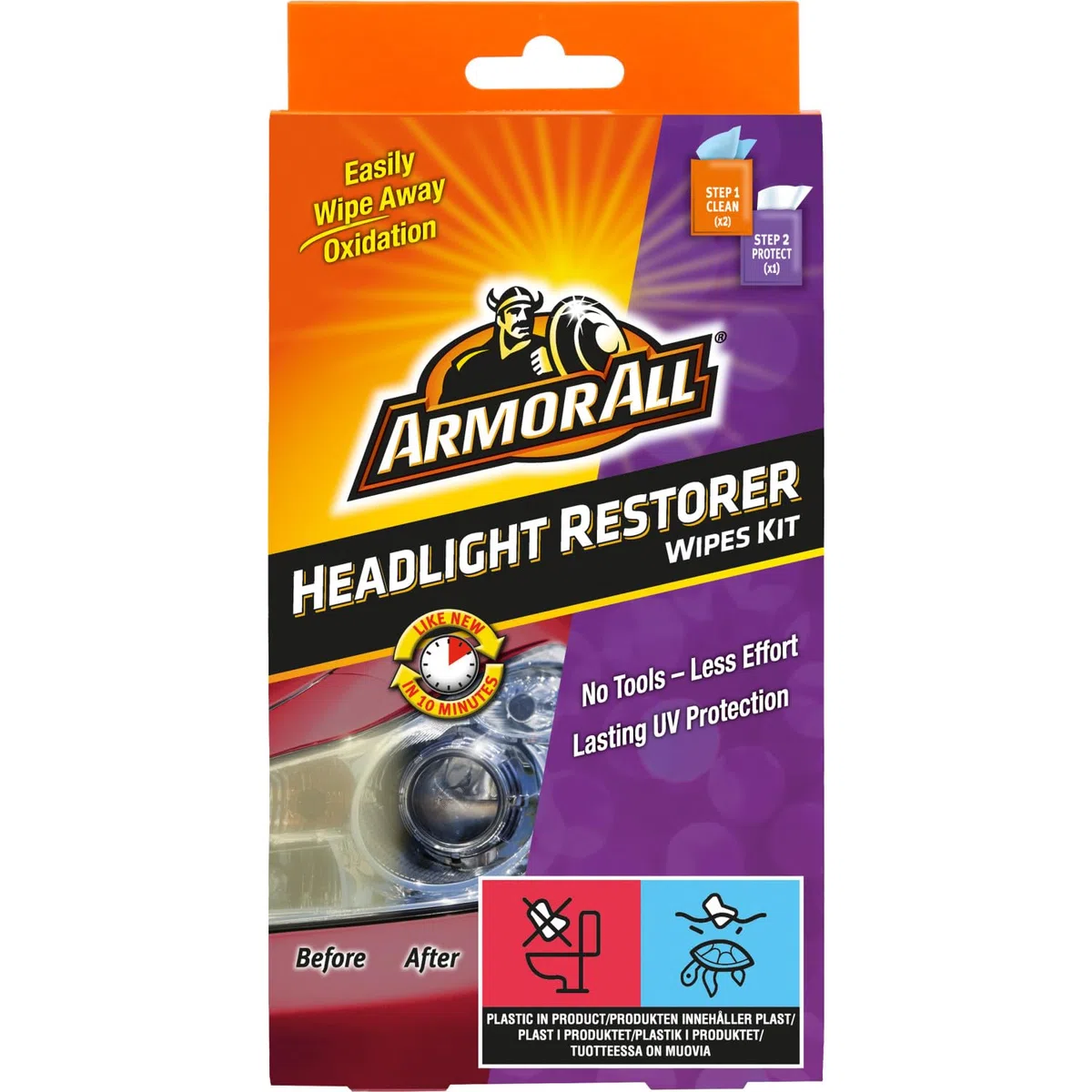 Armor All Kit Restaurador de Faros - Solución Rápida y Sencilla para Faros como Nuevos, Sin Necesidad de Papel de Lija ni Herramientas, Limpia y Protege en 2 Pasos, Incluye Protección UV