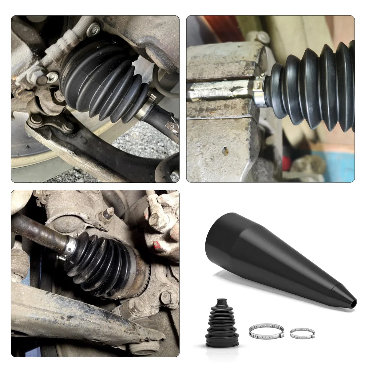 Yuragim Fuelle de eje de accionamiento universal, juego de fuelles de repuesto para manguitos de eje, manguito elástico de eje de accionamiento con abrazaderas de metal y cono de montaje