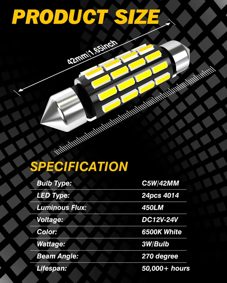 41mm 42mm Festoon C5W LED Bombillas 6500K Blanco 12V 24V 578 Luces LED Interior para Coche 4014 24SMD Canbus Sin Errores Luz Mapa Matrícula Maletero Guantera Puertas, 4 Piezas