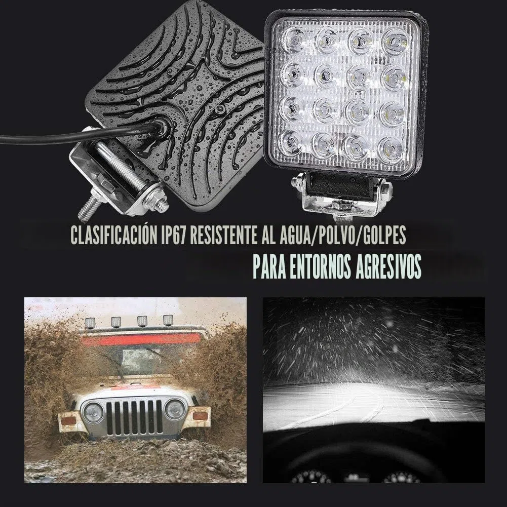 2 X 48W Faro Trabajo LED Focos de Coche 12V 24V Square Faros Led Tractor 3,500LM 6000K IP67 Impermeable Off-road Foco de Trabajo LED para Moto ATV SUV Tractor Camión Barco
