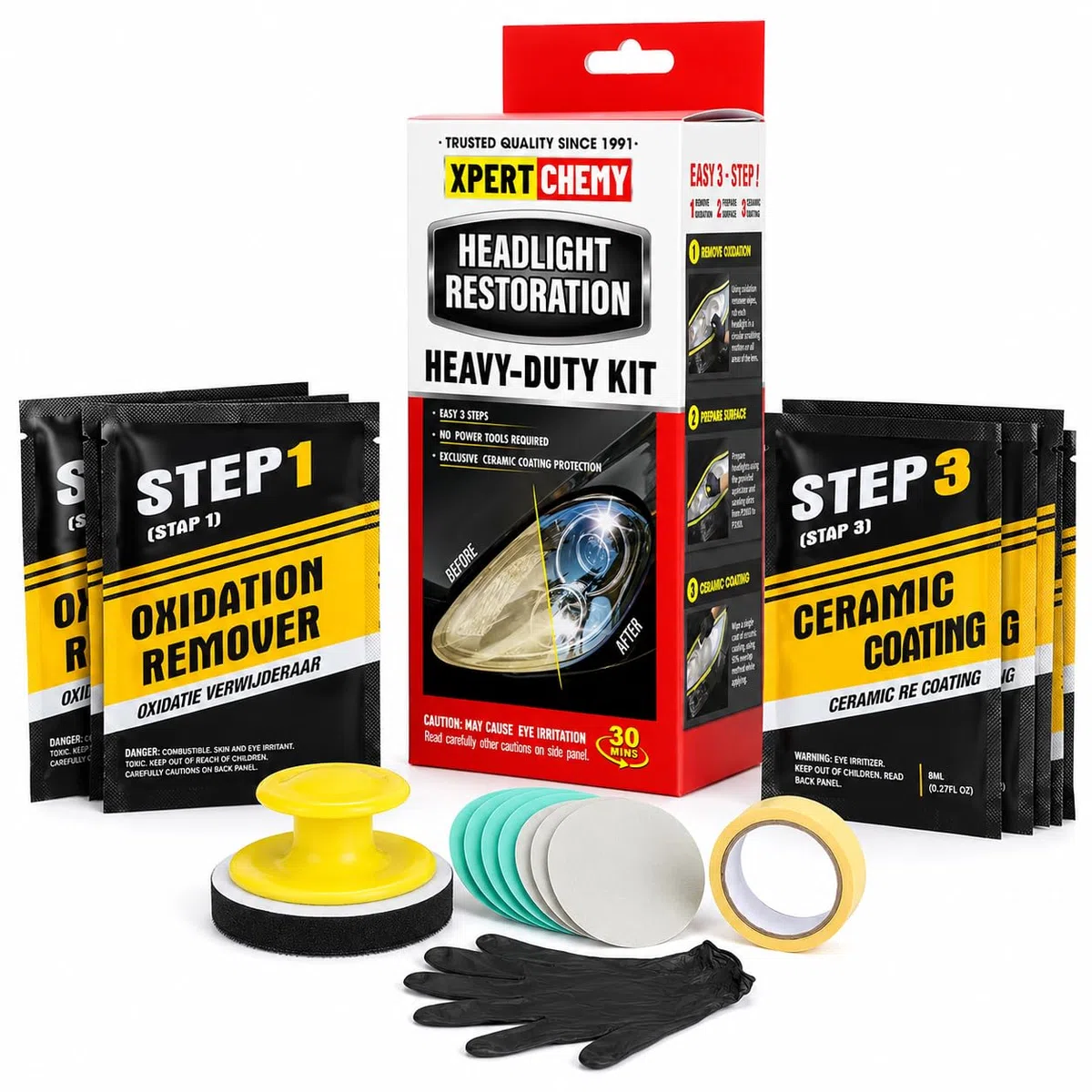 XPERTCHEMY Kit de Restauración de Faros de Coche, Limpiador para Faros Amarillentos y Opacos, 3 Pasos, Sin Herramientas Eléctricas, con Protección Cerámica UV