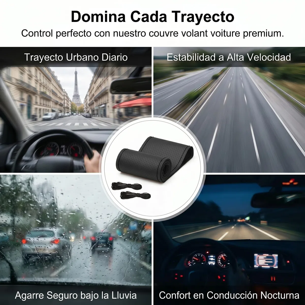 Funda Volante Coche Universal 38cm Cuero Antideslizante Negra | Transpirable, Con Agujas e Hilo para Coser, Accesorios Interior, Protector Volante