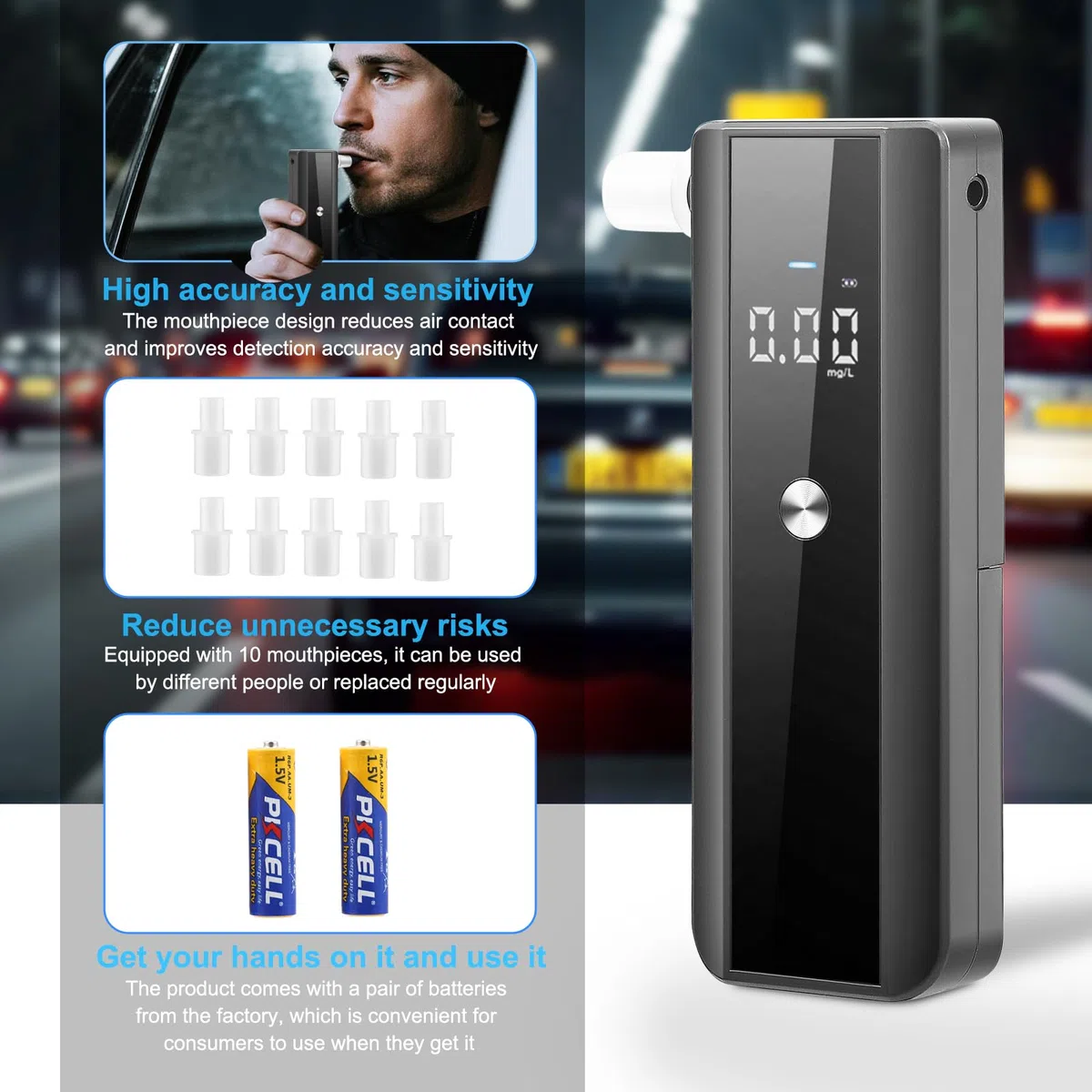 Alcoholímetro Profesional, Detector de Alcohol en el Aliento de Alta Precisión 0.01% BAC, Portátil con Pantalla LCD Digital e Incluye 10 Boquillas Desechables