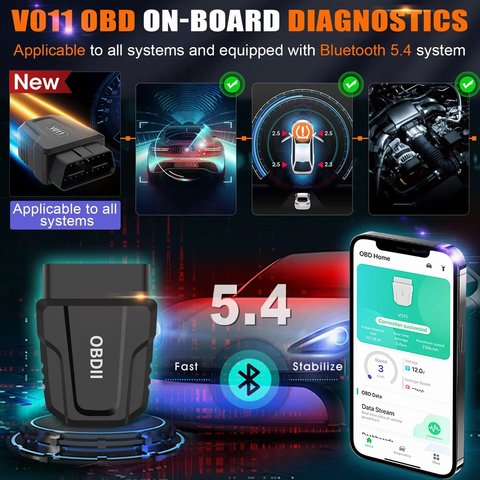 Lector de código de automóvil con escáner inalámbrico avanzado OBD2, con detección automática de Motor Bluetooth 5.4, Mini Herramienta de diagnóstico automático para iOS, Android y Windows