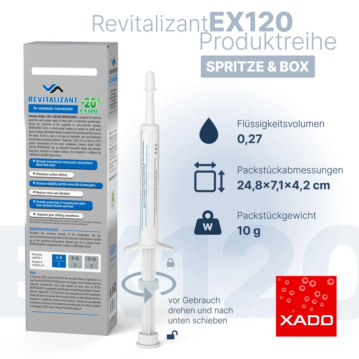 XADO Revitalizant EX120 para transmisiones y cajas de cambio automáticas. Aditivo concentrado que protege y reconstruye las superficies dañadas