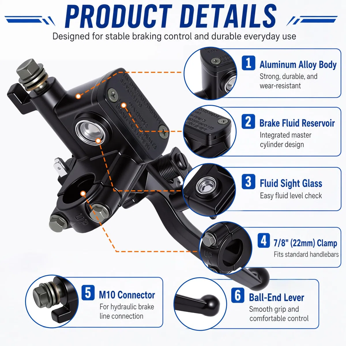 Poweka 7/8" 22mm Palanca del Cilindro Maestro de Freno Hidráulico Derecho Adelantero Universal Bomba para 50cc 125cc 150cc 250cc GY6 Scooter Quad Atv Dirty Pit Bike