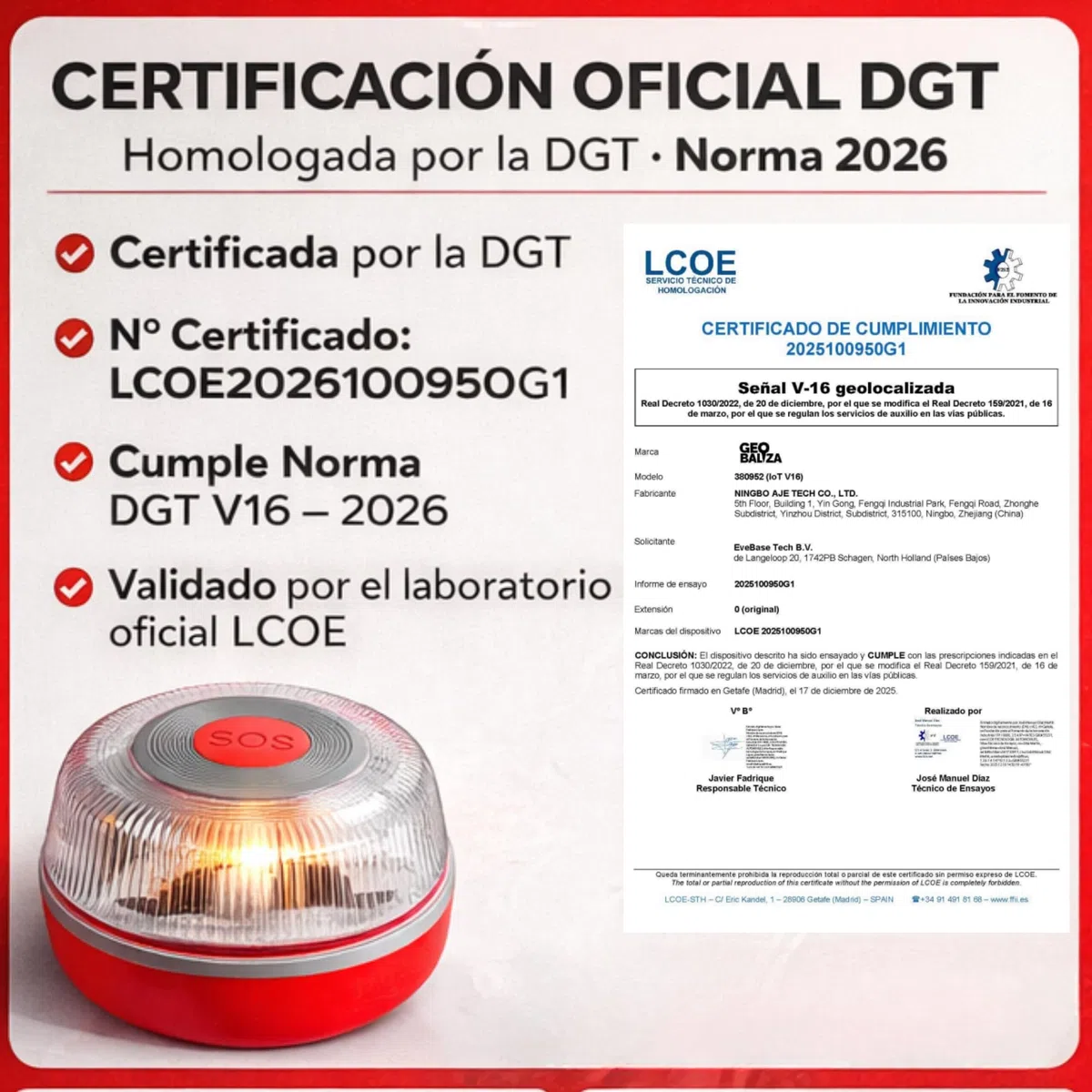 Baliza V16 Homologada DGT con Geolocalizador | Luz de Emergencia Coche Certificada DGT 3.0 | 12 Años Conectividad - V16 Homologada 2026- Compatible con la app SOSCar