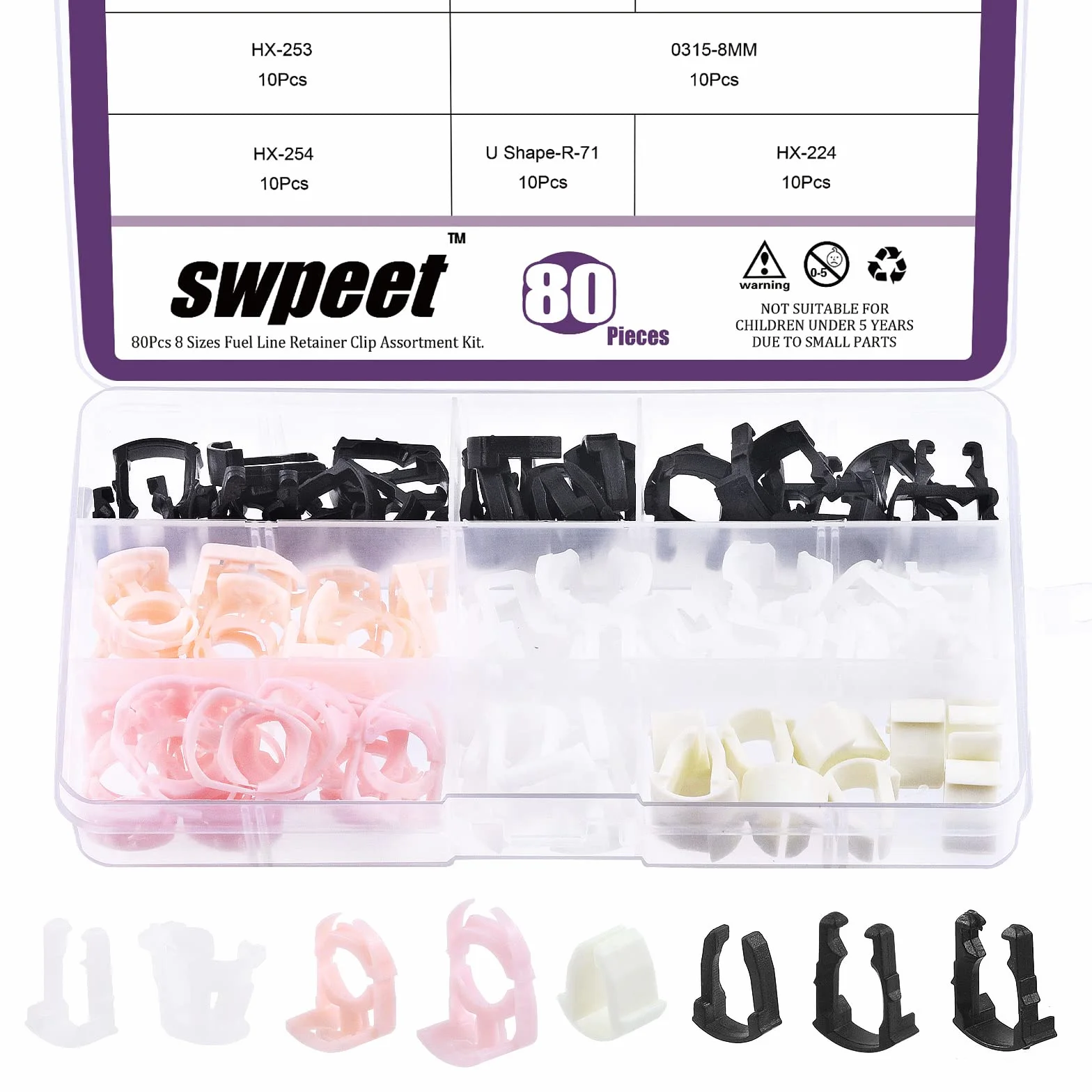 Swpeet 80 piezas 3/8 pulgadas 5/16 pulgadas 8 estilos kit surtido de clips de retención de línea de combustible, reemplazo perfecto compatible con línea de combustible faltante o fallida de 3/8