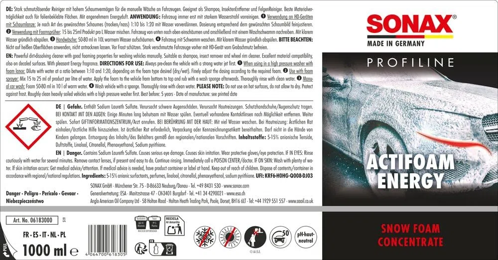 SONAX PROFILINE Actifoam Energy (1 L) disolvente de suciedad con espuma "SnowFoam" para el lavado de coche con pulverizador de espuma | N.° 06183000