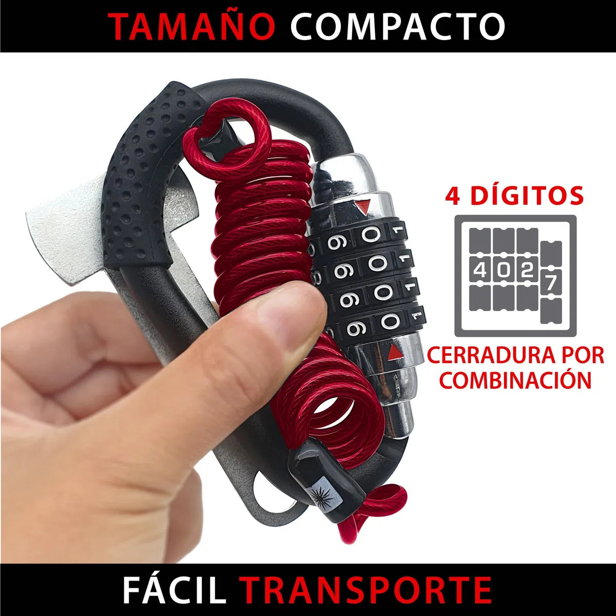 KRASER KR723B Candado Mosquetón Casco Moto, Cerradura Combinación 4 Digitos Más Fuerte, Adaptador T y Cable Seguridad, Compacto Accesorio Antirrobo Universal para Casco Moto Bicicleta Chaqueta