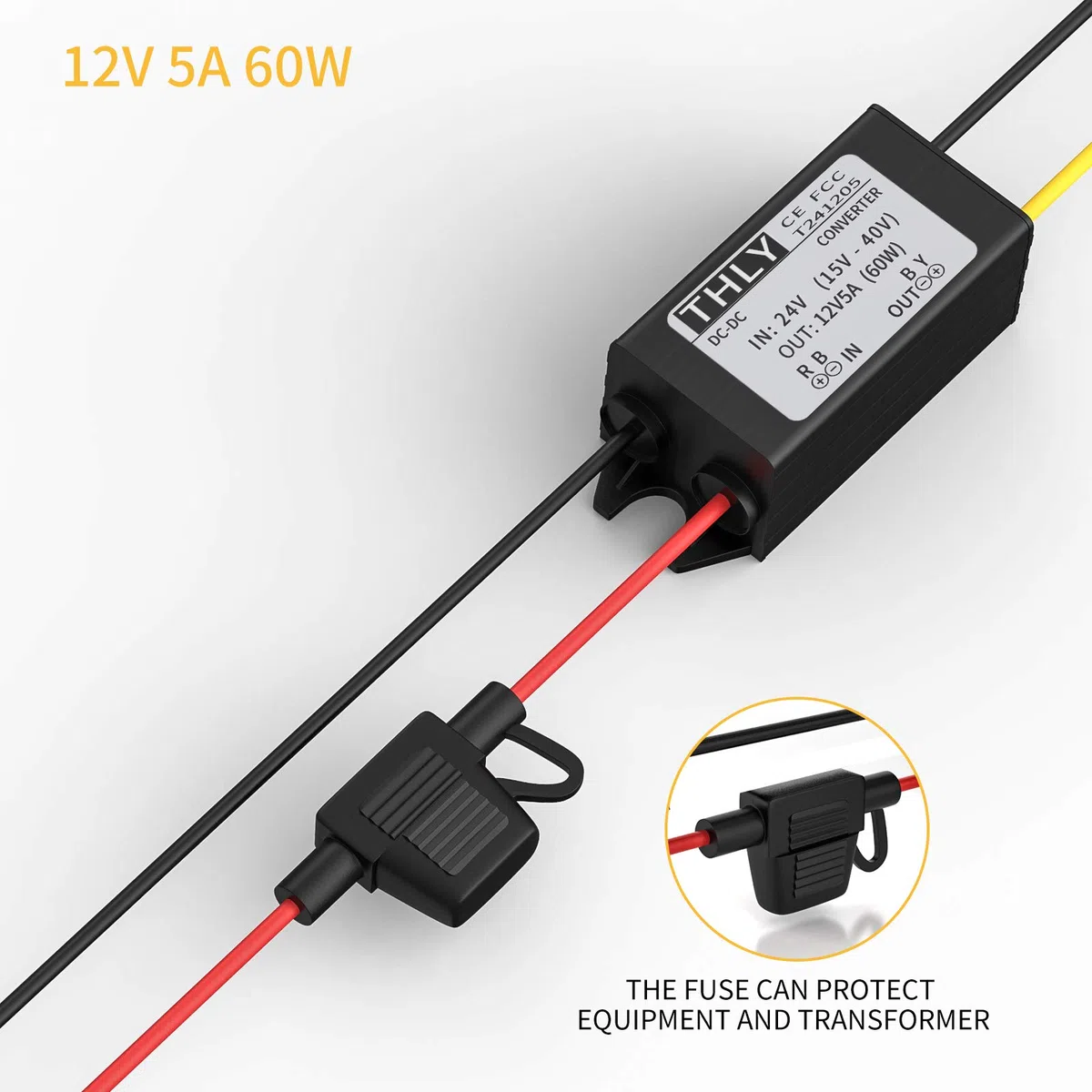 Convertidor 24v a 12v,Step Down Converter 5A 60W DC DC Buck de Voltaje de Potencia con Fusible a Prueba de Agua, Regulador de Voltaje CC para de Vehículo/Barco, etc. (Acepta entradas de CC15-40 V)