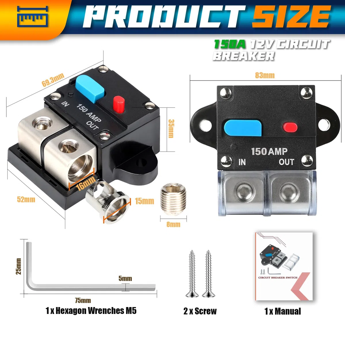 150 A Disjoncteur à réarmement automatique 12V / 48V Disjoncteur à réarmement automatique DC 12V-48V Disjoncteur de tension audio étanche Réarmement manuel pour voiture Automobile Marine RV C