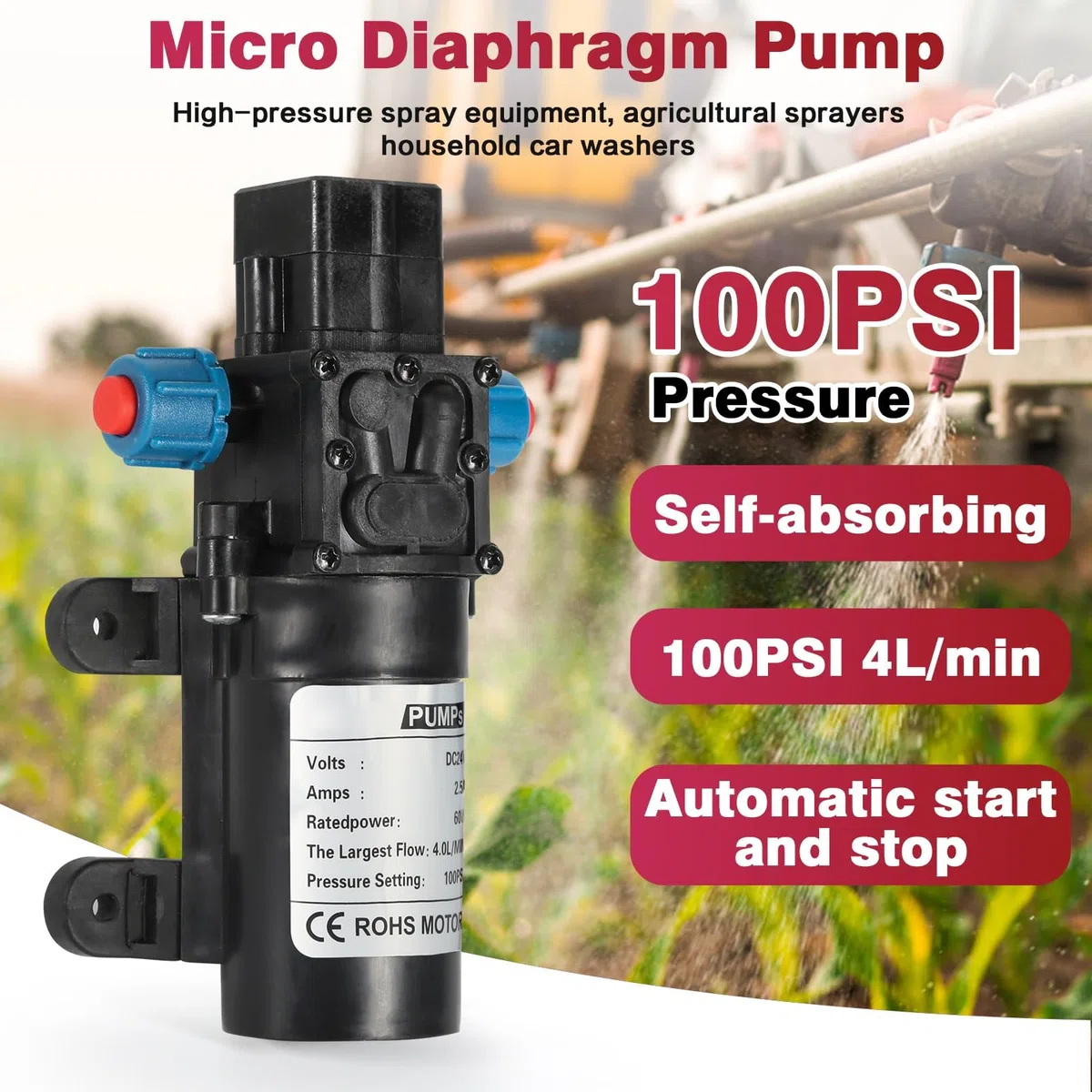 DEWIN Bomba de agua de diafragma autocebante, 24V 4L/min Bomba de agua de microdiafragma DC 60W Bomba de diafragma con arranque y parada automáticos para RV, yate, jardín, autocaravana