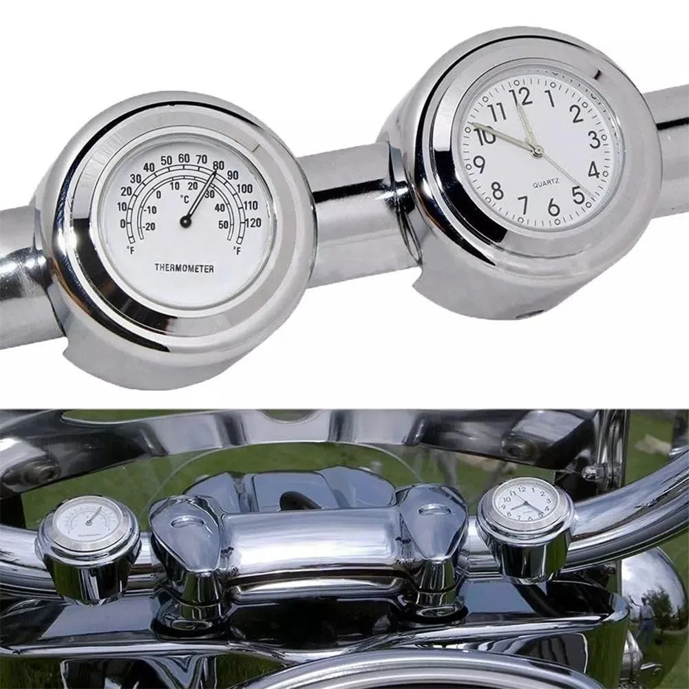 Tyenaza Reloj de Moto Manillar Universal, 1 Par 7/8 Pulgadas Relojes de Manillar de Motocicleta y Termómetro, Impermeable a Prueba de Polvo Universal Moto Cromo Reloj Temp, para Motocicletas(Blanco)