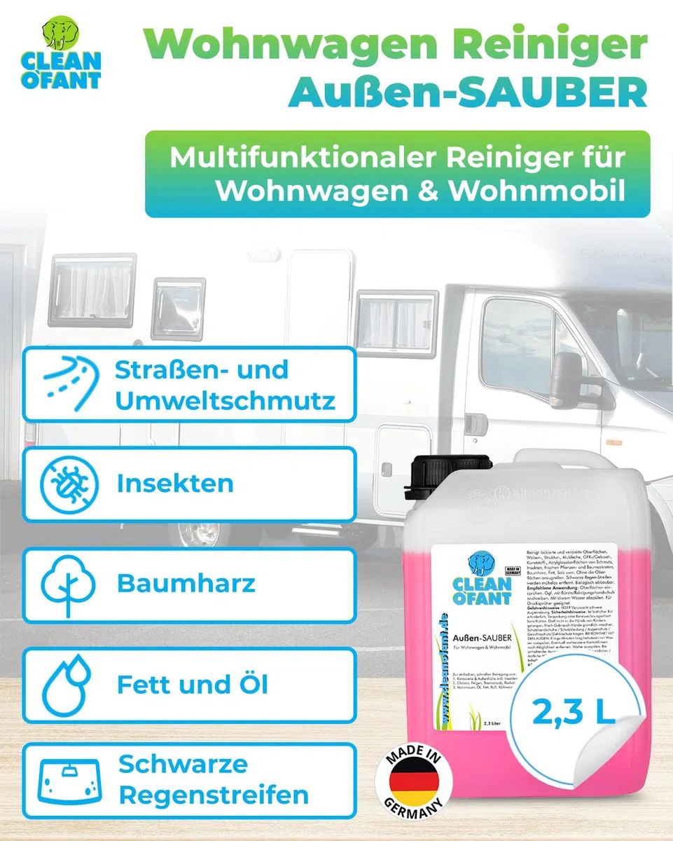 CLEANOFANT 2,3 Litro Especial Limpiador para Caravana,Autocaravana,Caravan - Champú Unido Exteriores, Repelentes de Insectos,Limpiador Ruedas,Limpiador Compartimiento Motor