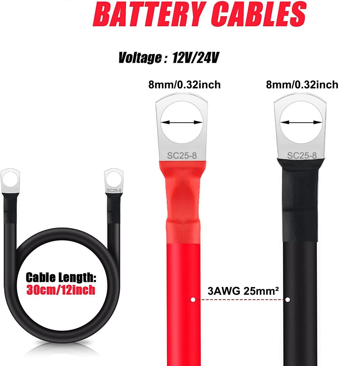 Cable Inversor de Batería 25mm² 3AWG SC25-8 Cable Bateria Coche 12V 24V Cable de Batería con Conector para Automóviles, Camiones, Energía Solar, Barcos, Motocicletas 30cm
