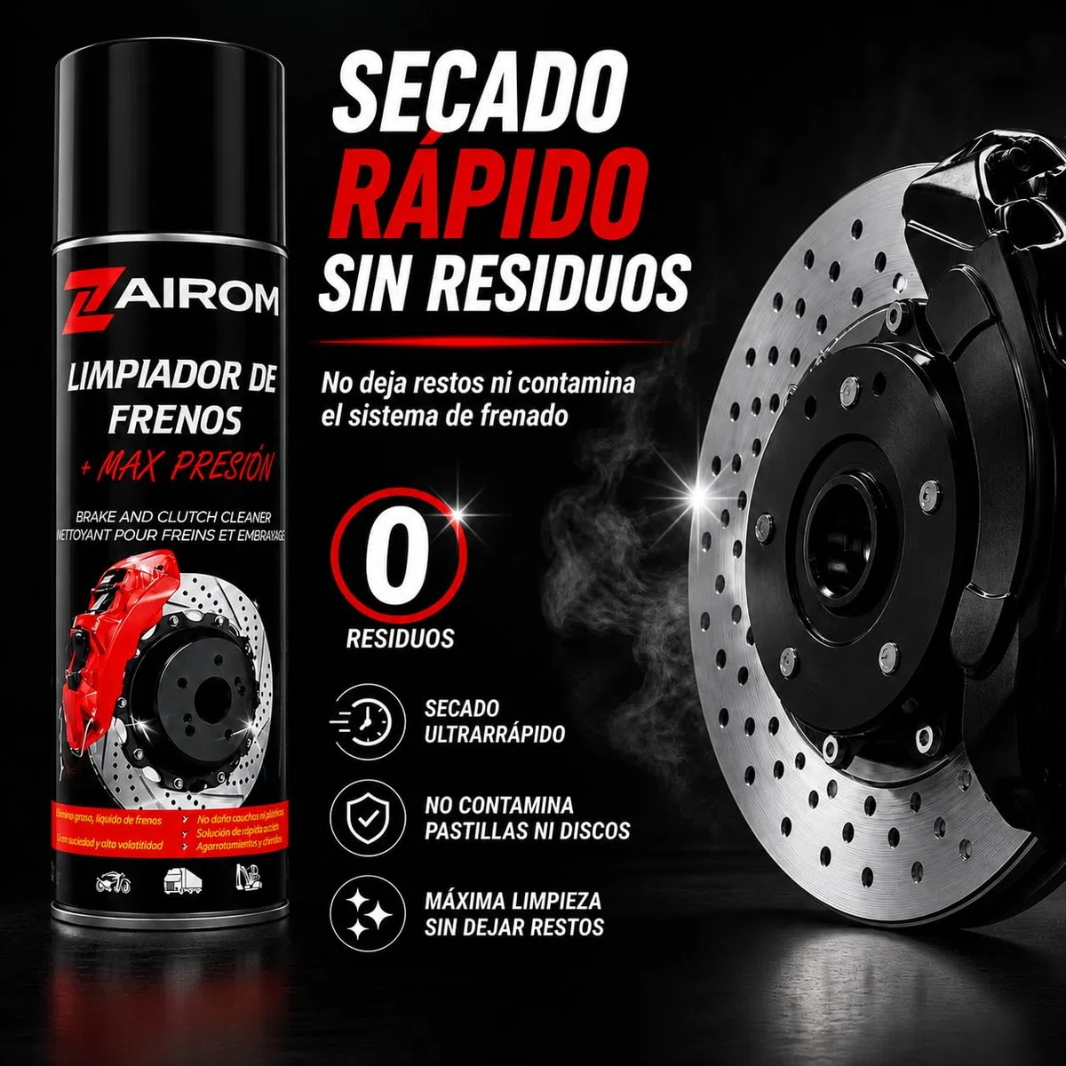 Limpiador de Frenos Spray 500 ml, Limpia Frenos, Embrague y Piezas Metalicas, Secado rápido Sin Residuos, Desengrasante para Coche y Moto Pack 4 Unidades