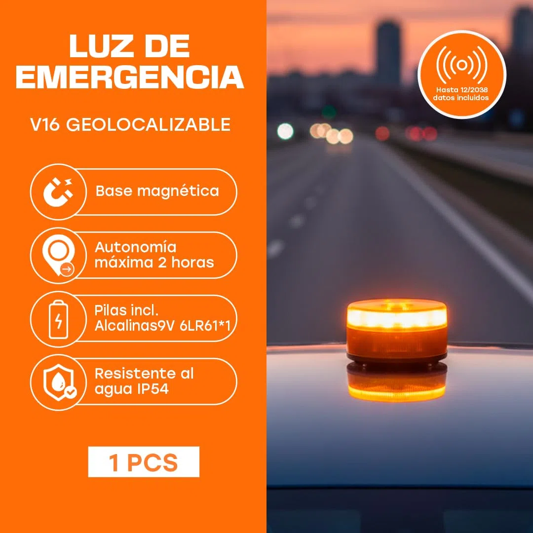 WEIDA Baliza V16 - Luz De Emergencia Geolocalizable | Modelo F168 | Baliza para Coche Homologada DGT | Base Magnética, Pilas Alcalinas 9V, Autonomía Máx 2 Horas | Resistencia al Agua IP54 (PACK 1)