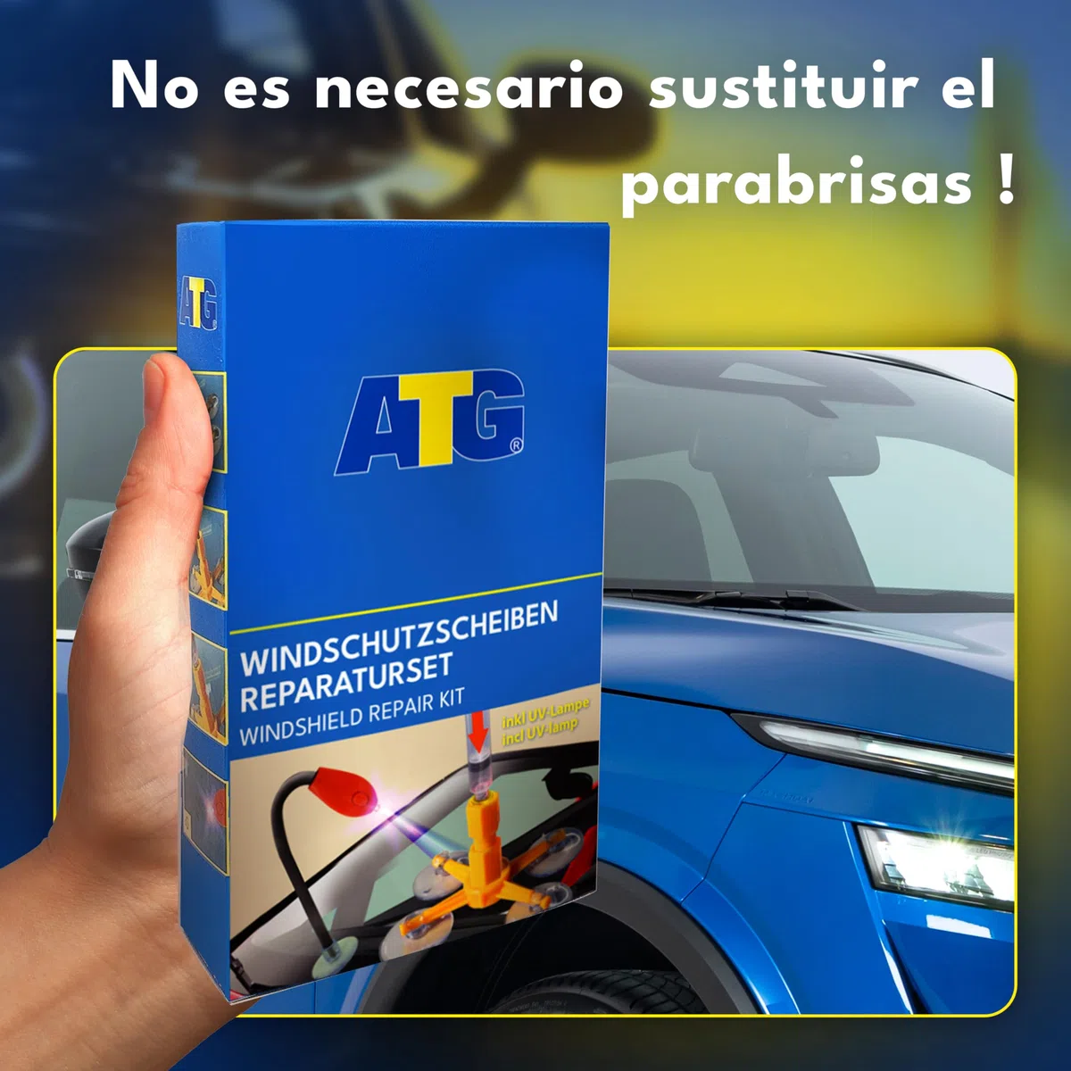ATG® Kit de reparación de Parabrisas de Coche con lámpara UV - Kit de reparación de Parabrisas de Coche - Reparador Cristal Coche - Liquido reparador de Cristales Coche Reparación del Parabrisas