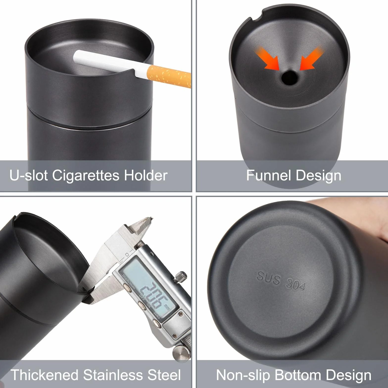 Cenicero Exterior de Acero Inoxidable, Ceniceros Antiolor con Tapa a Prueba de Viento Windproof Ashtray Outdoor para Jardin Oficina Balcón Coche Sala de Estar, Negro