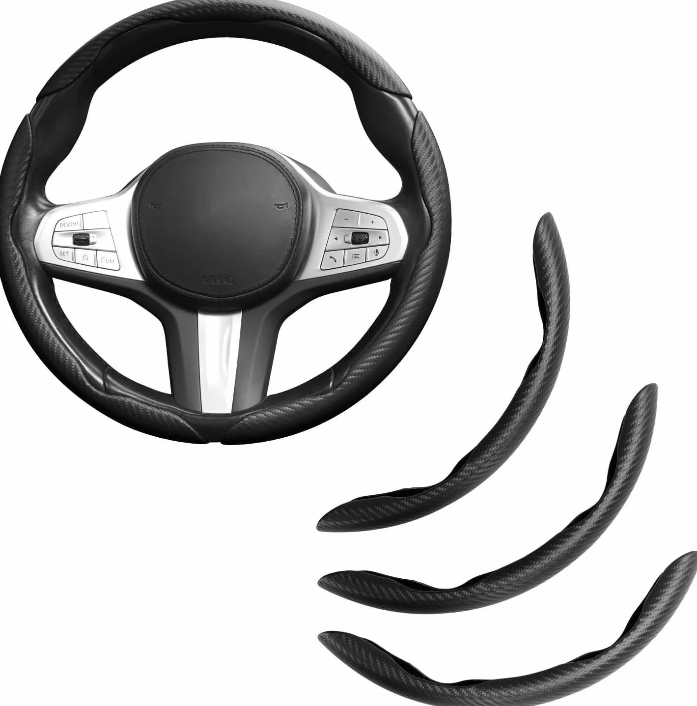 EINESIN Funda Volante Fibra Carbono 3 Unidades - Antideslizante, Diseño Mariposa Segmentado - Universal Protector Volante para 99% Coches