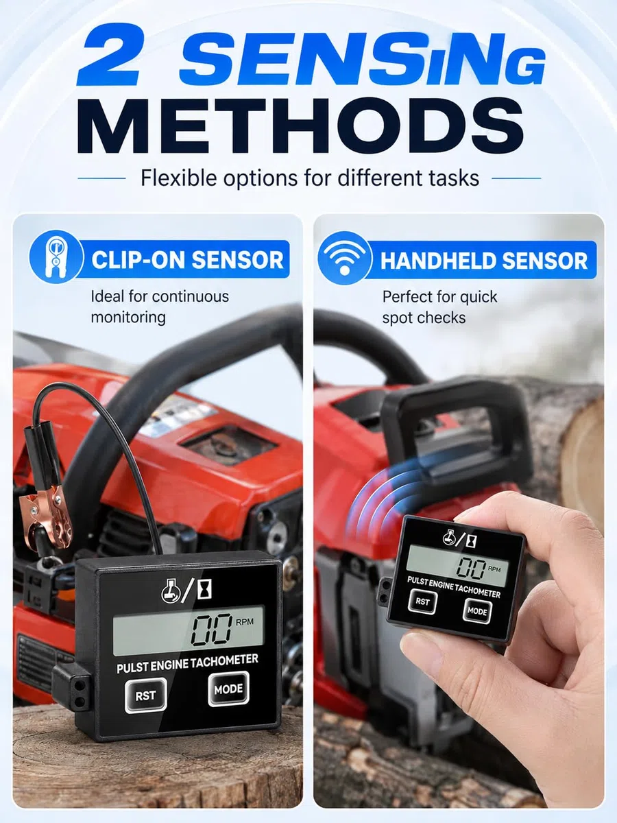 VOBOR Tacómetro Digital Inductivo Pequeño, Tacómetro de Motosierra Impermeable con Contador de Horas, para Motosierras, Cortadoras de Césped y Motocicletas