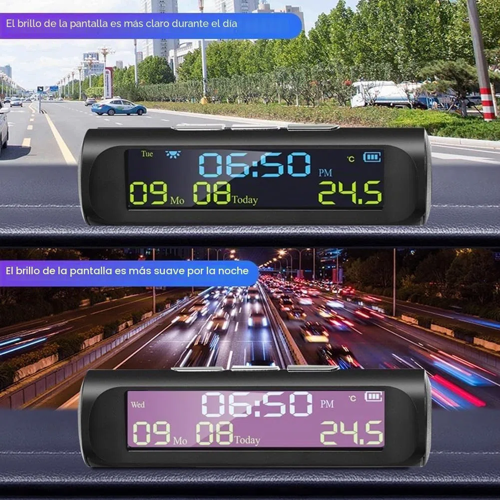 AN01 - Reloj Digital Solar para Coche con Pantalla de Fecha y Temperatura, Accesorios Interiores para salpicadero